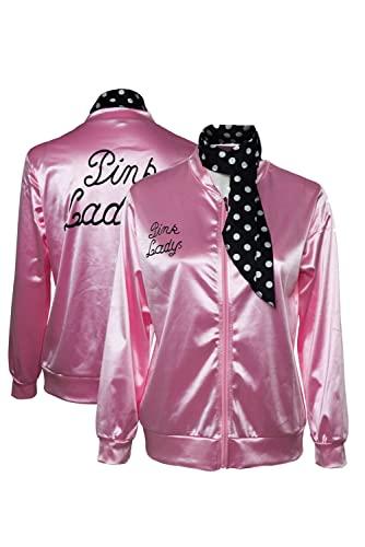 Lixinya Women's 50s Ladys Pink Satin Jacket Jacket with Neck Scarfs Halloween Cosplay Costume (S)