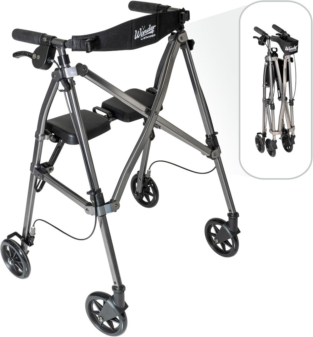 Stander Space Saver Rollator, Lightweight Folding Rolling Walker with Seat for Seniors & Adults, 4-Wheel Mobility Aid with 6-inch Wheels, Locking Brakes & Padded Seat with Backrest, Black Walnut