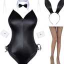 Womens Bunny Costume Girl Suit Senpai Cosplay Anime Role Costume One Piece Bodysuit Stockings Set (Small, Black/White-removable Padded)