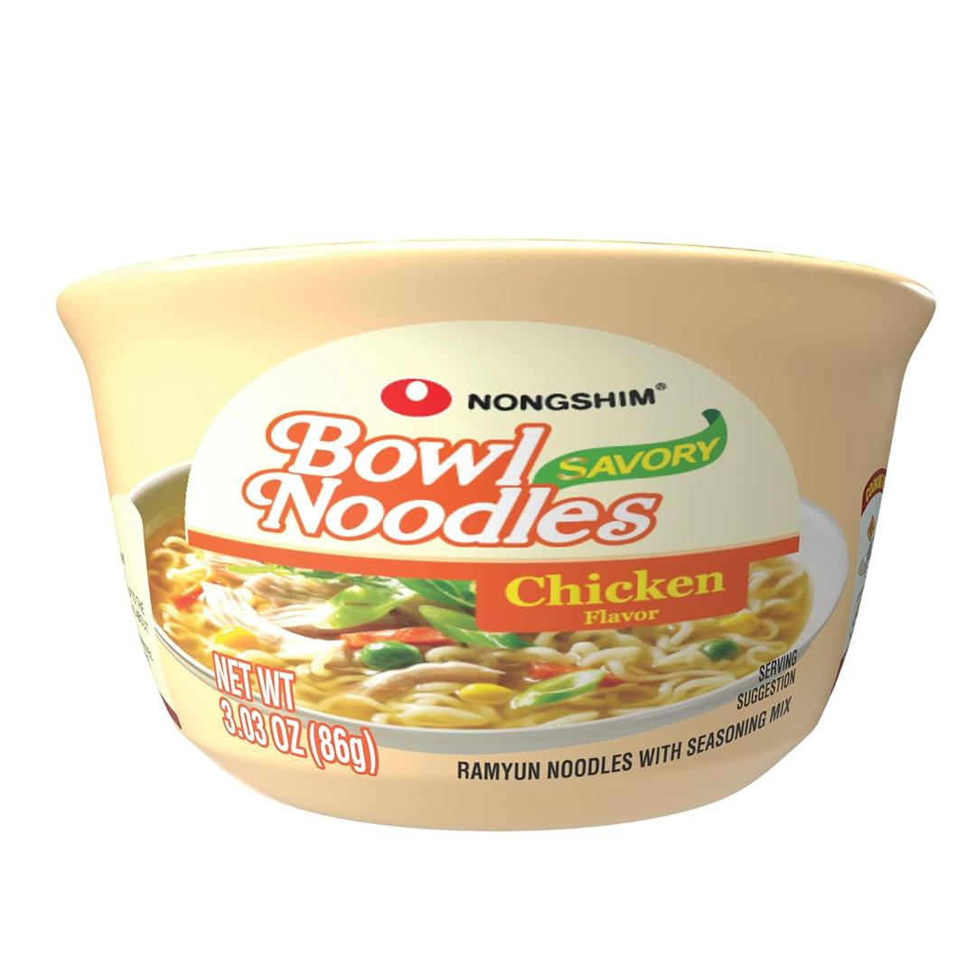 Nongshim Savory Chicken Noodle Soup Instant Ramen, 12 Pack, Microwaveable Bowl Soup Mix, Korean Ramyun with Cabbage & Carrots, Sabor a Pollo (EXP 06/24/27)