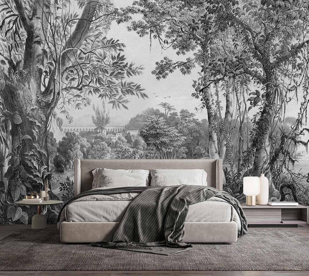 YQWDMX - Black and White Vintage Jungle Living Room Wallpaper Mural Mural49 L 160" Wx112 H(Not Peel and Stick) (M49)