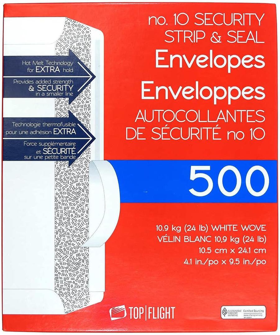 Top Flight PSTF10NWT #10 Envelopes, Strip & Seal, Security Tinted, White Paper, 24 lb, 500 Count