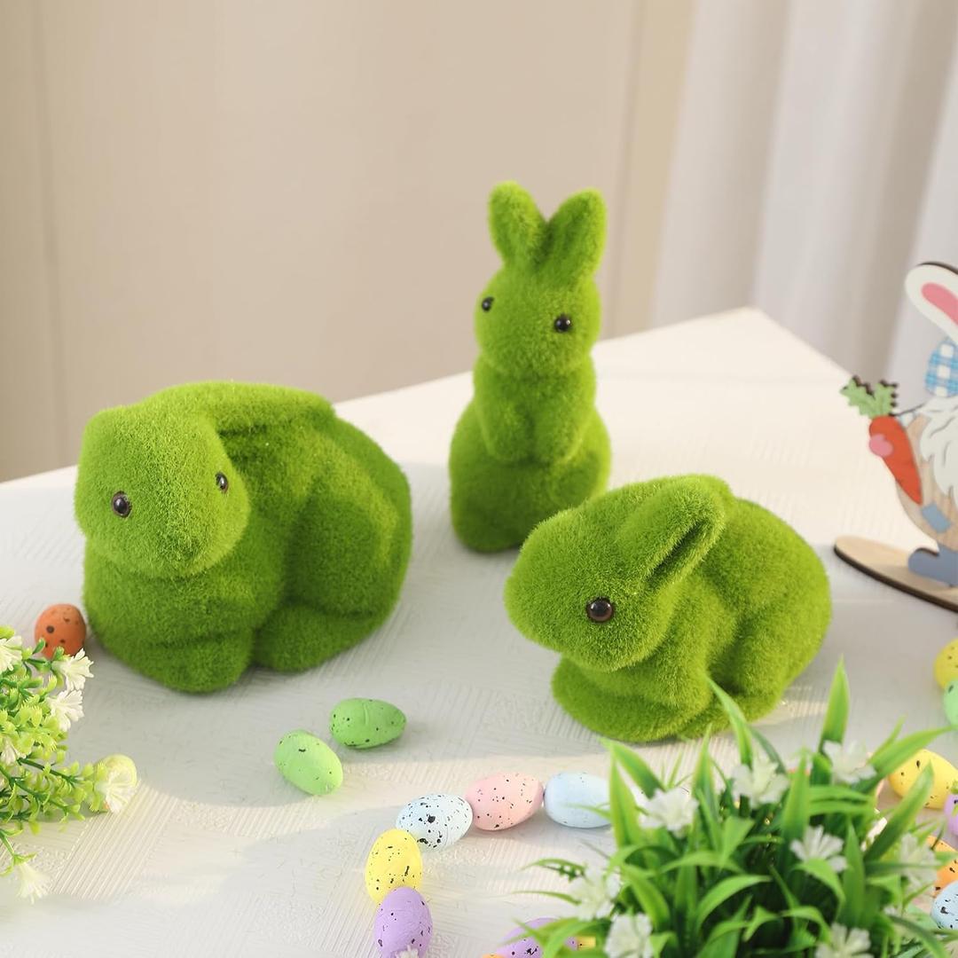 YOUMEHE 5-inch Moss Bunny Decor, 3-Pack Artificial Moss Flocked Rabbit Figurine, Green Furry Moss Bunny Statue, Easter Table Decoration, Cute Rabbit Ornaments