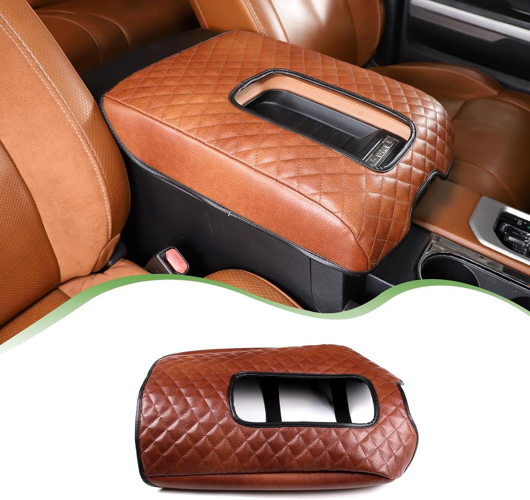 Car Center Console Armrest Cover Pad Fit for Toyota Tundra 2007-2021 Waterproof Leather Seat Armrest Box Cushion Pad Protector (Brown)