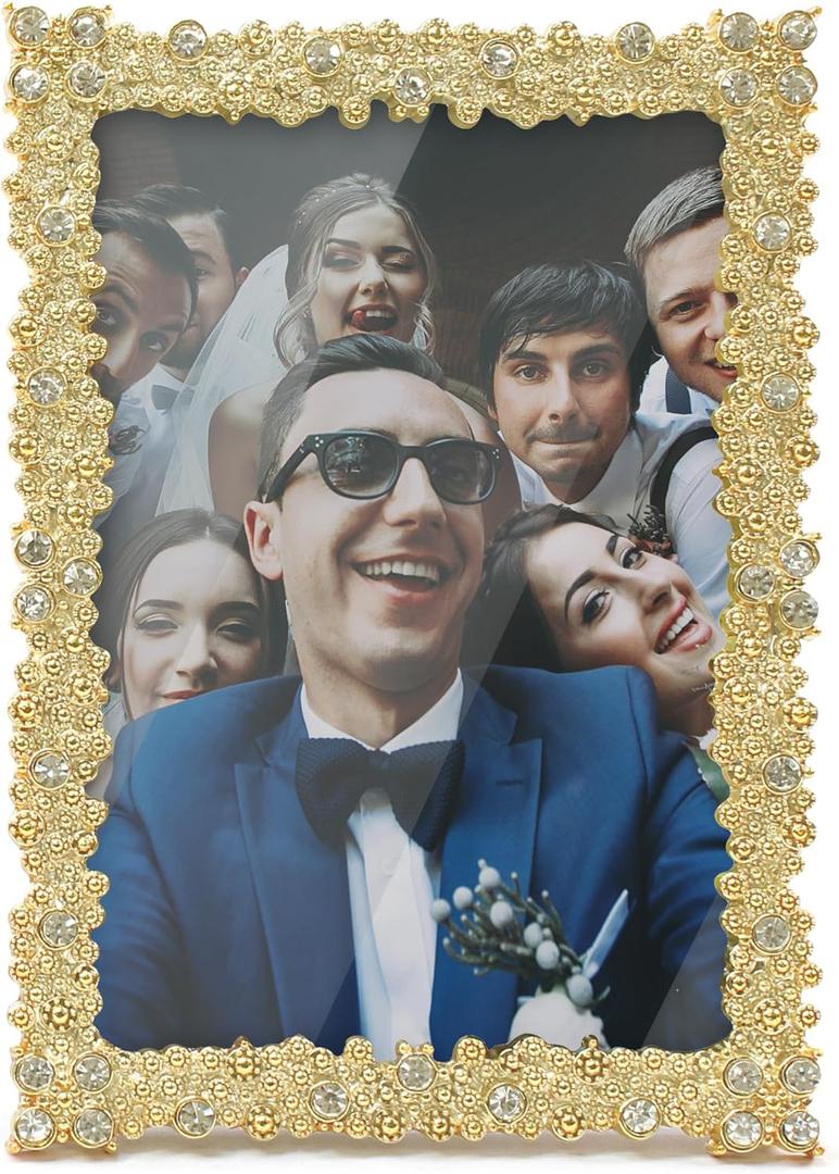 MIMOSA MOMENTS Brass Jewel Picture Frame with Rhinestones, Tabelop Photo Frame Display Horizontal or Vertical 4x6 Inch Photo, Desktop Wedding Anniversary Birthday Gifts for Grandma Mom Couple
