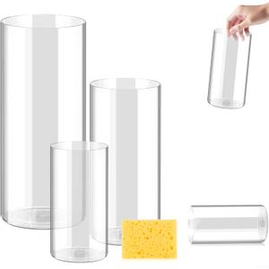 3 Pack Acrylic Cylinder Vase Set, 8" 10" 12" Tall Clear Plastic Flower Vase with Cleaning Sponge, Unbreakable Hurricane Vase for Floor, Desk, Wedding Centerpieces, Living Room, Home Décor