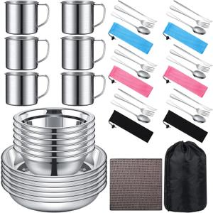 Lallisa Outdoor Camping Cookware Mess Kit Polished Stainless Steel Dishes Camping Utensils Portable Tableware with Plates Cups Spoons Forks Knives Mesh Bag for Backpacking Hiking Lallisa Outdoor Camping Cookware Mess Kit Polished Stainless Steel Dishes Camping Utensils Portable Tableware with Plates Cups Spoons Forks Knives Mesh Bag for Backpacking Hiking