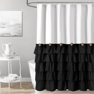 Seasonwood Black and White Farmhouse Shower Curtain 72 x 72 Black Ruffle Shower Curtain with Vintage Buttons, Rustic Decorative Fabric Shower Curtains for Guest Bathroom, 72" x 72", Black and White