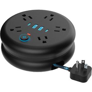 Retractable Travel Power Strip: 10 ft Extension Cord Portable Powerstrip with 5 Outlet 2 Smart USB Port 2 USB C for Travel Cruise Ship Beach Vacation