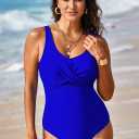 Pink Queen Women's One Piece Swimsuit V Neck Tummy Control Bathing Suits Sexy Criss Cross Swimwear (Blue, S)