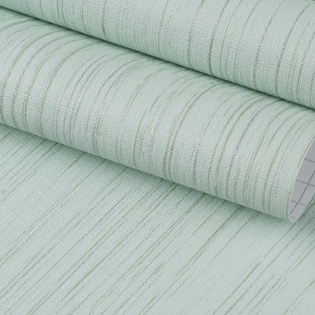 FunStick 24"x200" Light Green Textured Wallpaper Peel and Stick Grasscloth Wallpaper Rolls Modern Self Adhesive Vinyl Wall Paper for Bathroom Wall Decor Waterproof Contact Paper for Kitchen Furniture