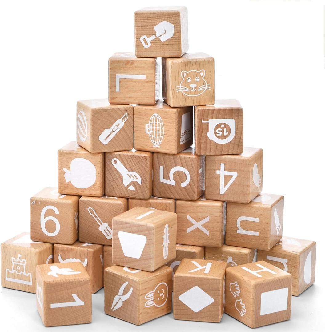 Peohud 26 PCS Wooden Alphabet Blocks, Cute ABC Building Blocks for Toddlers, Number Stacking Blocks, Preschool Educational Learning Toys with Shapes Objects on Every Side for Kids Boys Girls