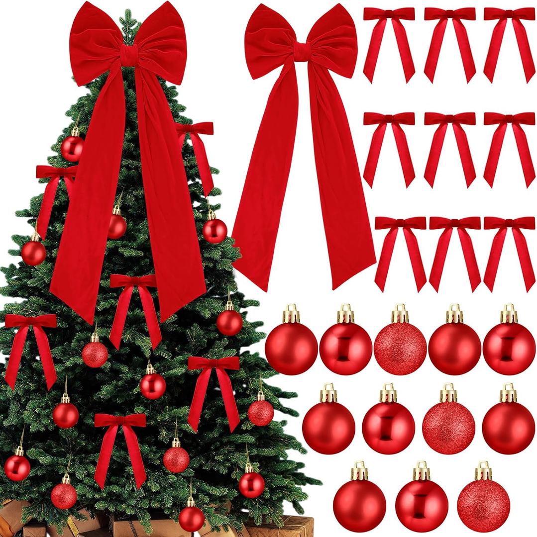 Gejoy Velvet Bow Christmas Tree Decoration Set, 30 Pcs Small Bows 1 Pcs 47" x 15.7" Large Tree Topper Satin Bows and 36 Christmas Balls Ornaments, Xmas Glitter Balls for Holiday Decor(Red Velvet)