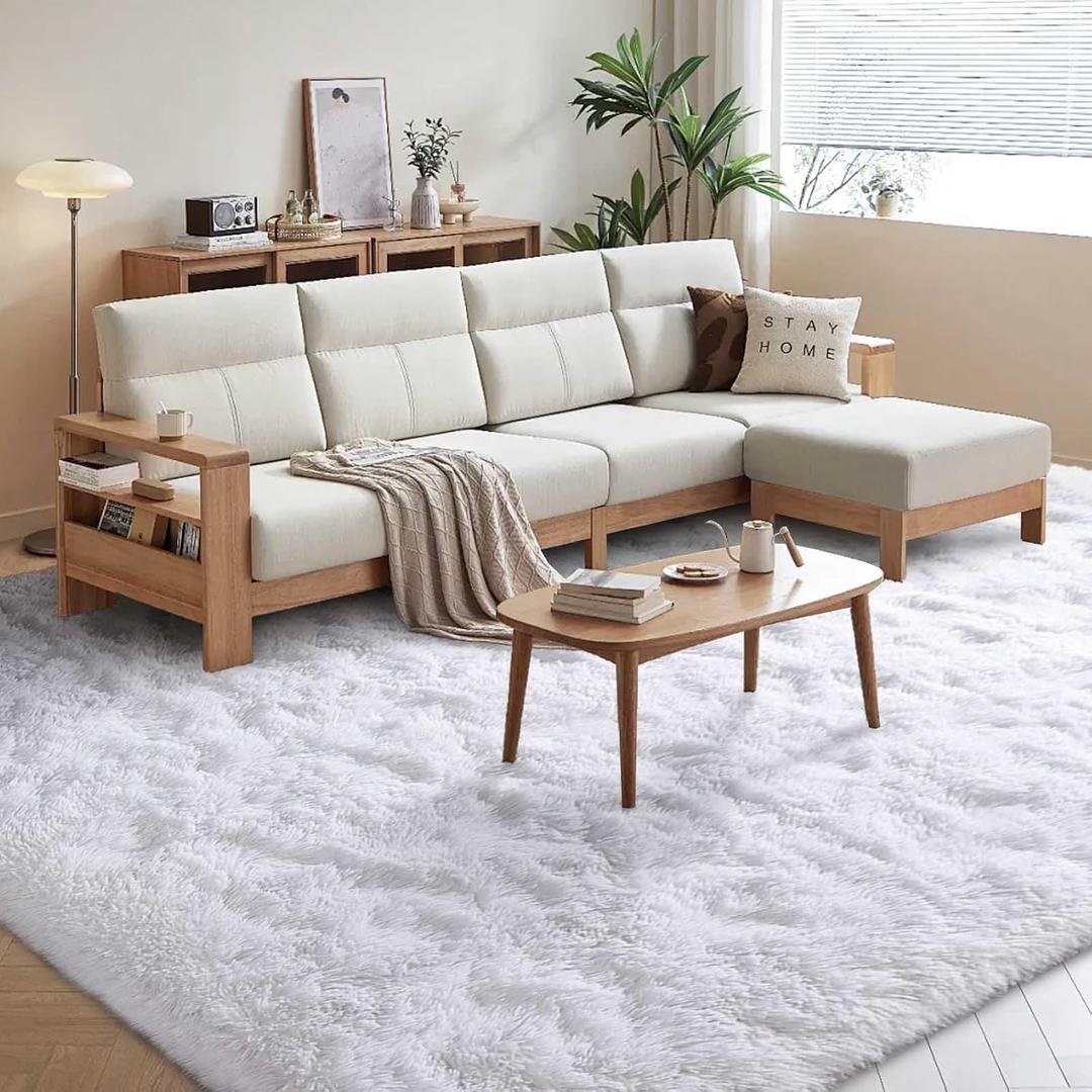 FinRec 5x8 Feet White Rugs for Bedroom Living Room, Plush Shag Area Rug, Non-Slip Fluffy Furry Rug for Nursery Kids Room Dorm Room Home Decor, Indoor Shaggy Floor Carpet