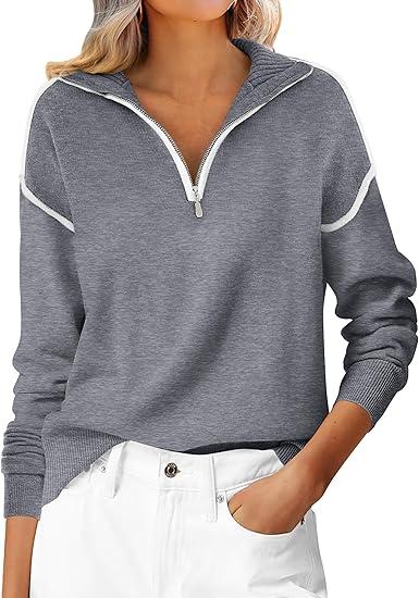 Saodimallsu Womens Quarter Zip Pullover Sweaters Casual Collared V Neck Color Block Long Sleeve Loose Knit Fall Sweater (Small, Gray)