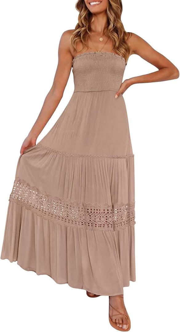ZESICA Women's 2025 Summer Bohemian Strapless Off Shoulder Lace Trim Backless Flowy A Line Beach Long Maxi Dress (Pink)