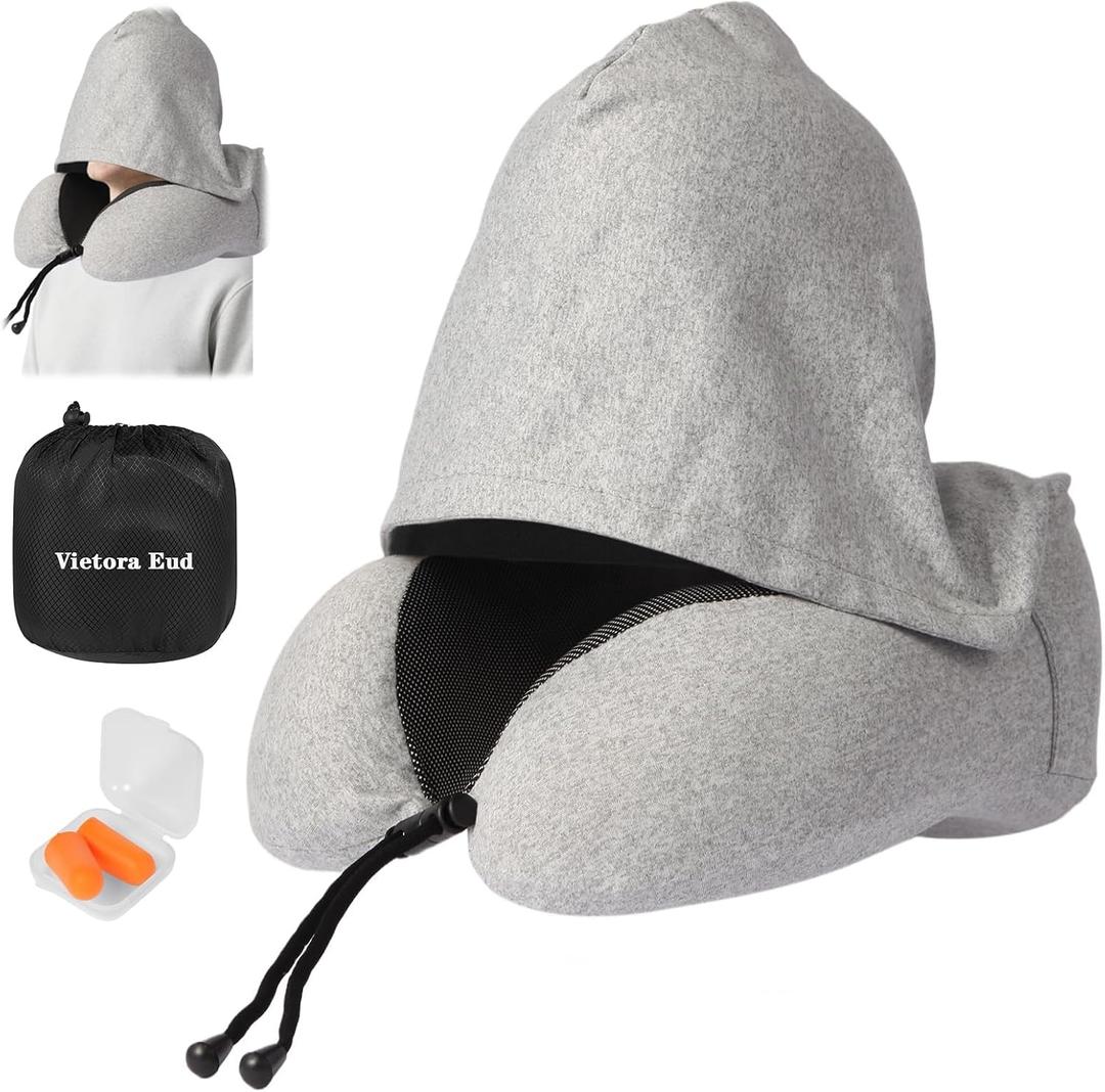 Travel Neck Pillow with 100% Light-Blocking Hood Ergonomic Memory Foam Support Pillow for Airplane, Long Flights, Road Trips, Office and Car, Full Head and Neck Support with Skin-Friendly Cover