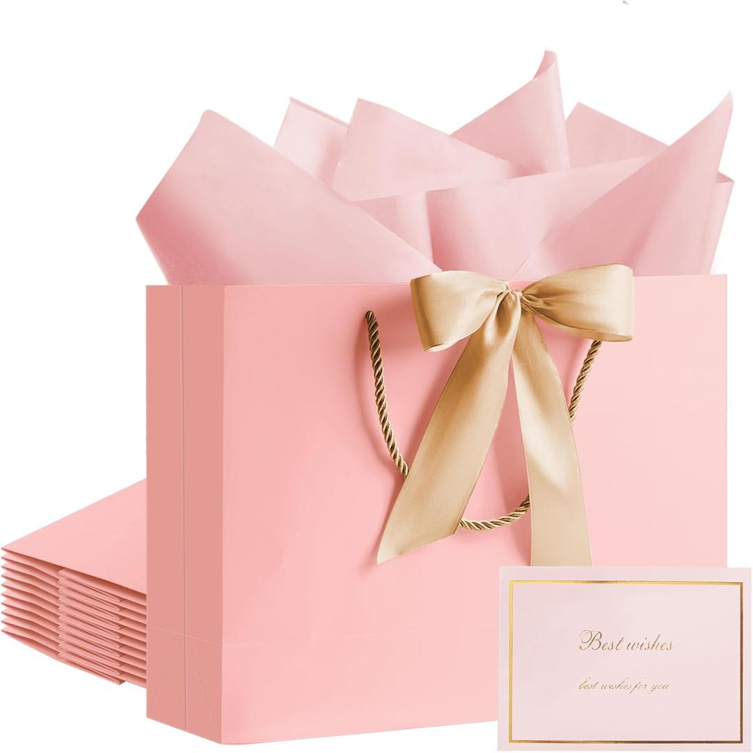 PASEOTA 12.6" Gift Bags Bulk, 10 Pcs Gift Bags with 20 Tissue Paper 10 Greeting Cards, Luxury Bag with Handles for Easter Mothers Day Presents Anniversary Wedding Birthday (Pink)