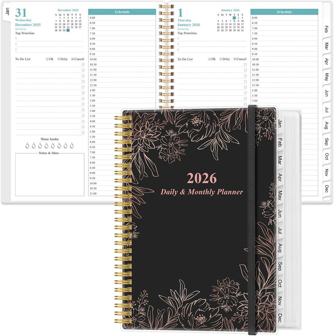 Daily Planner 2026 Full Page Per Day- 2026 Daily & Monthly Planner from January 2026 to December 2026, Day Planner 2026 with 12 Months Tabs, 8.5" x 11", Black Flowers