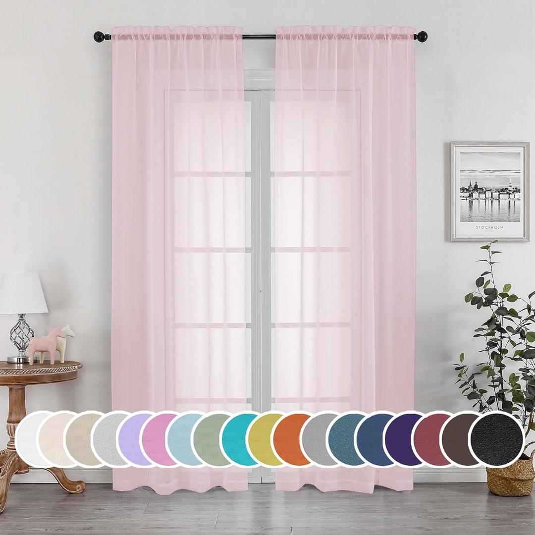 OWEINE Sheer Curtains 90 Inches Long 2 Panels Set, Light Filtering Fimly Voile Solid Blush Window Curtain Panels for Living Room Bedroom, Soft Voile Sheer Curtains & Drapes, Total 84 Inches Width