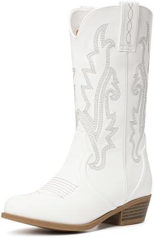 Girls Kids Western Boots Embroidered Cowgirl Cowboy Boots Girls Mid Calf Riding Shoes Little Kid/Big Kid, Size 6