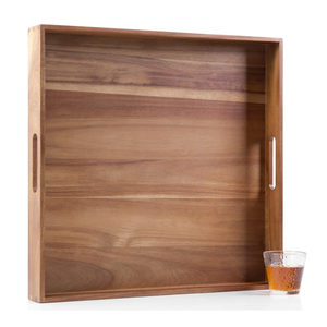 14 x14   Square Wood Tray, Generously Acacia Serving Trays for Large Ottoman Coffee Table, Giant Square Shape Sofa Tray with Handles, Kitchen Organizer Storage Trays Huge Counter Serveware