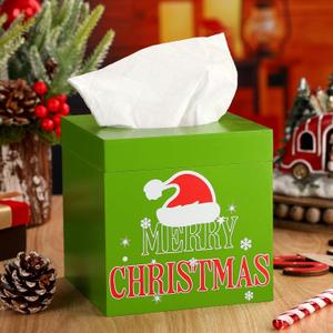 Yookeer Christmas Lime Green Tissue Box Cover Square Wooden Decorative Tissue Box Holder Cube Organizer for Home Tabletop Night Stands Bathroom Kitchen Car Desk Office Decor, 5.9 x 5.9 x 5.9 Inches
