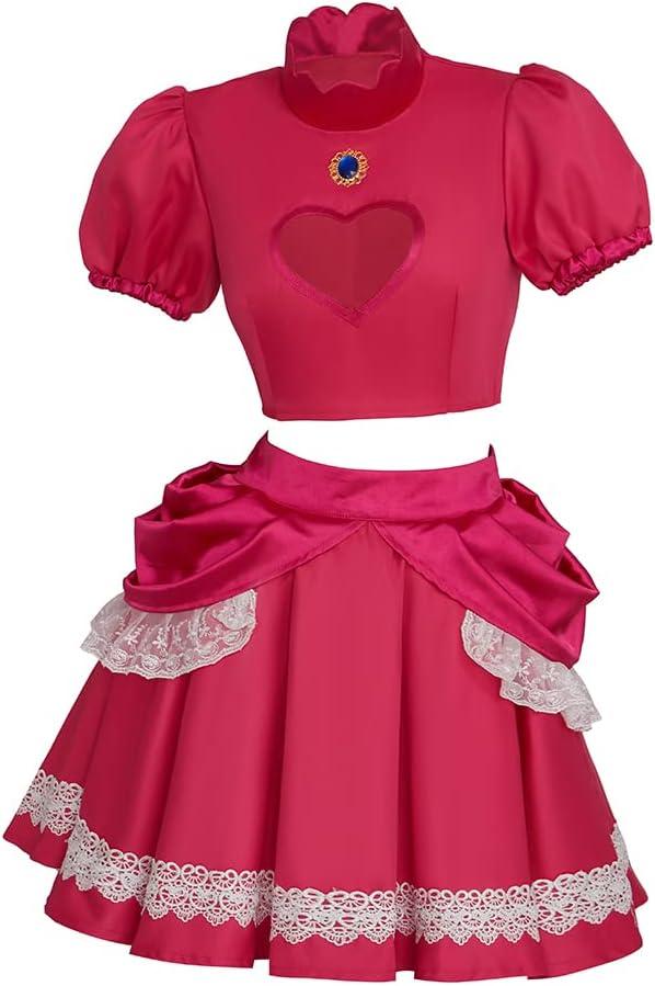 Willyacos Womens Super Brothers Princess Peach Costume Halloween Party Dress Sexy Pink Princess Dress Cosplay for Adult (Large)