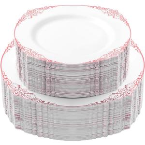 100 PCS White and Rose Gold Plastic Plates for 50 Guests, Rose Gold Disposable Plates Include 50 PCS Dinner Plates, 50 PCS Dessert Plates for Party, Wedding and Baby Shower