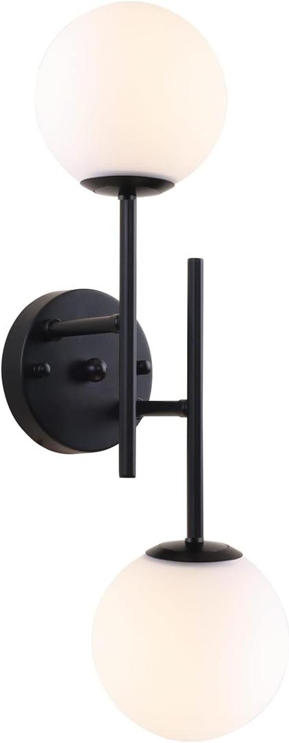 BYOLIIMA Black Globe Wall Sconces, 2-Light Modern Matte Black Vanity Lights with White Globe Glass Shade, Industrial Farmhouse Wall Lamp for Bedroom, Living Room, Kitchen, Bathroom