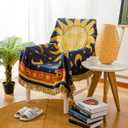FN Sun and Moon Stars Hippie Throw Blanket Celestial Tapestry Double-Sided Reversible Woven Cotton Home Decor Chair Bedding Couch Recliner Cover Loveseat Oversized Tassels Blue Yellow (91x71)