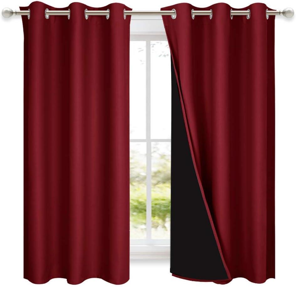 NICETOWN 100% Blackout Panels, Thermal Insulated Black Liner Curtains for Kitchen Room, Cold Blocking Drapes for Window Decoration (Set of 2, Burgundy Red, 42-inch Wide by 63-inch Long)