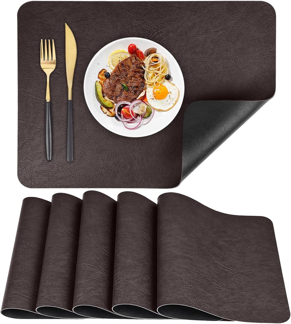 APLKER Faux Leather Placemats Set of 6 Table Mats Heat Resistant Reversible Place Mats, Waterproof Wipeable Dining Table Place mats for Home Party Outdoor, 16.9 x 11.8 inches (Choco Brown/Black)