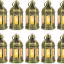 Mini Lantern with Flickering LED Candles Set of 10, Hewory Gold Vintage Decorative Hanging Candle Lanterns for Halloween, Christmas, Wedding Decorations, Party, Table Centerpiece, Battery Included