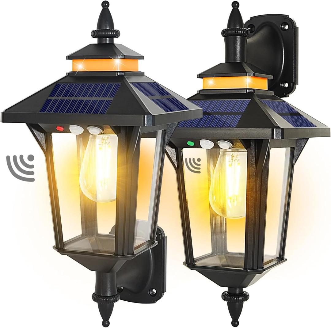 2 Pack Solar Wall Lantern Lights Outdoor with 3 Lighting Modes, Motion Sensor Wall Sconce, Dusk to Dawn LED Exterior Front Porch Lights Fixtures Wall Mount Waterproof for Garage House Doorway Yard