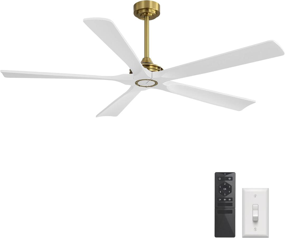 WINGBO 60 Inch Ceiling Fan without Light - 5 Carved Solid Wood Blades, 6-Speed Reversible DC Motor, Noiseless Remote Control Ceiling Fan No Light for Bedroom Living Room Kitchen, Gold and White