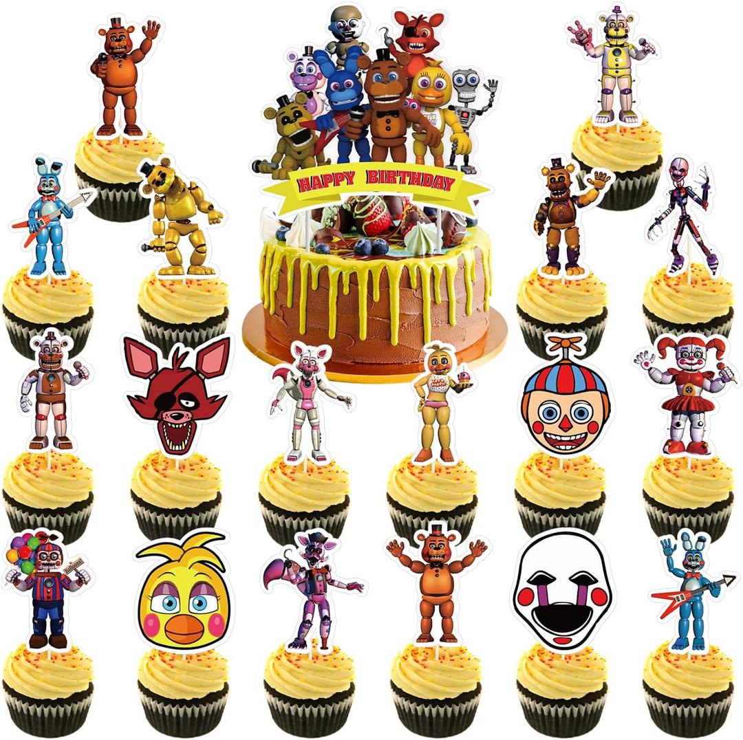 Genshii 37pcs 5 Nights cake decoration set include 1pc big cake topper 36pcs cupcake toppers for Freddy's Theme birthday party decor (FNAF)