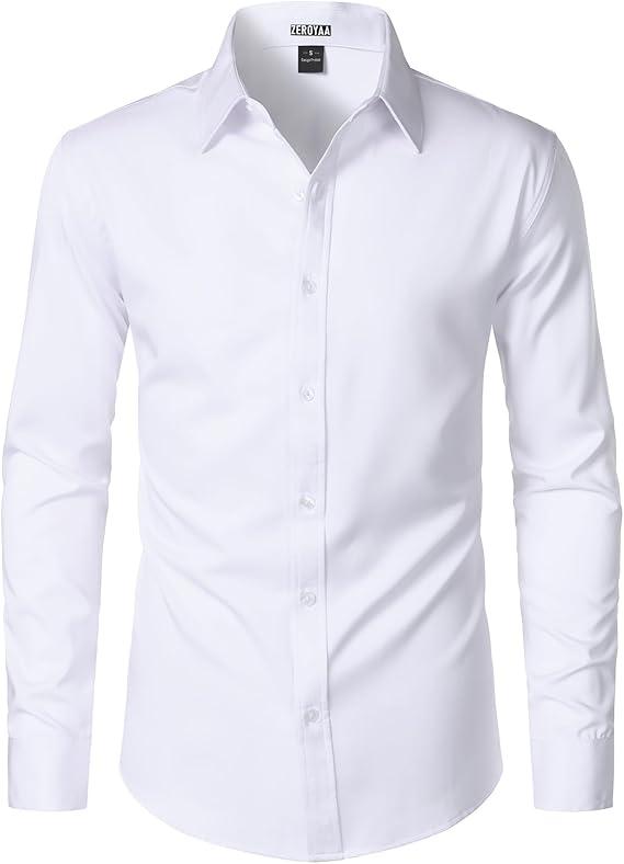 ZEROYAA Men's Wrinkle Free Long Sleeve Dress Shirt Business Casual Stretch Modern Slim Fit Button Down Shirts for Wedding and Office White Medium