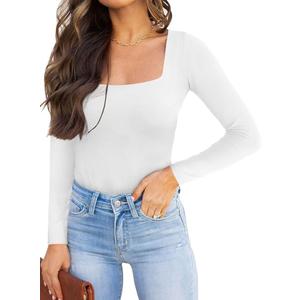 REORIA Womens Basic Sexy Square Neck Double Lined Long Sleeve Bodysuit Tops Jumpsuits, L