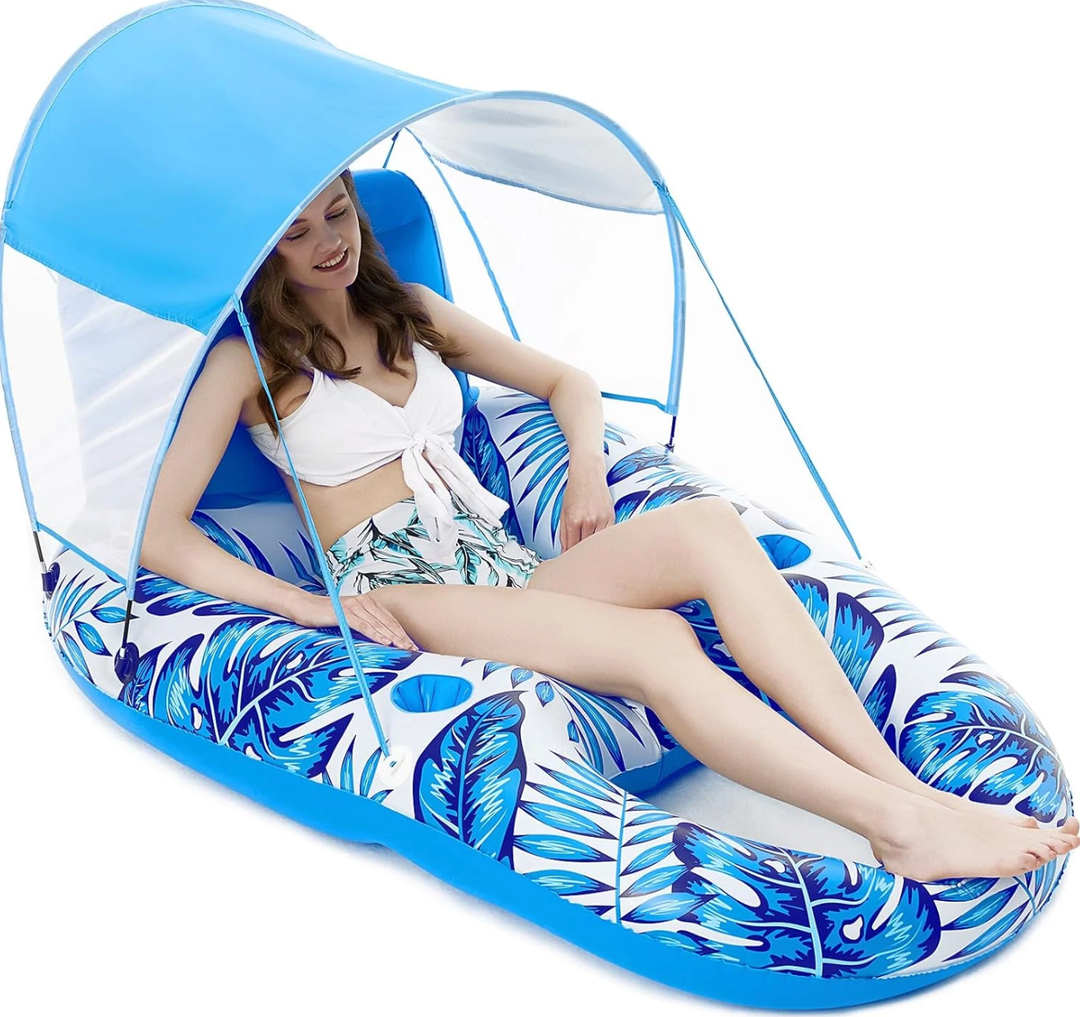 Adult Inflatable Pool Float with Canopy and Cup Holders