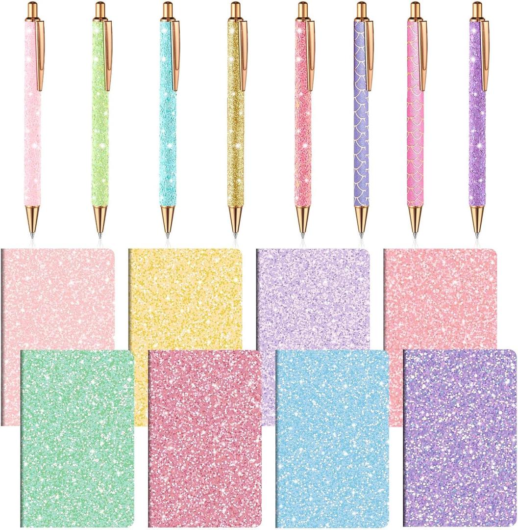 16 Pack Glitter Pens and Notepads Set 8 Mini Glitter Pocket Notebooks 8 Fancy Sparkly Ballpoint Pens Stationery Gifts for Women Teacher Journaling School Office Supplies (Pastel Color)