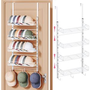 SWTYMIKI Over Door Hat Organizer - 5 Tier Wall Mounted Hat Rack with 4 Adjustable Metal Basket and 3 Hooks, Hanging Baseball Cap Organizer Storage Holds up to 49 Caps for Door, Bedroom, Closet (white)