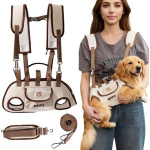 Dog Sling Backpack Carriers - Adjustable Pet Lift Harness Gear, Breathable Dogs Carrying Lifting with Traction Leash Shoulder Straps and Treat Bag for Walking Hiking Travel (L, 14-20lbs)