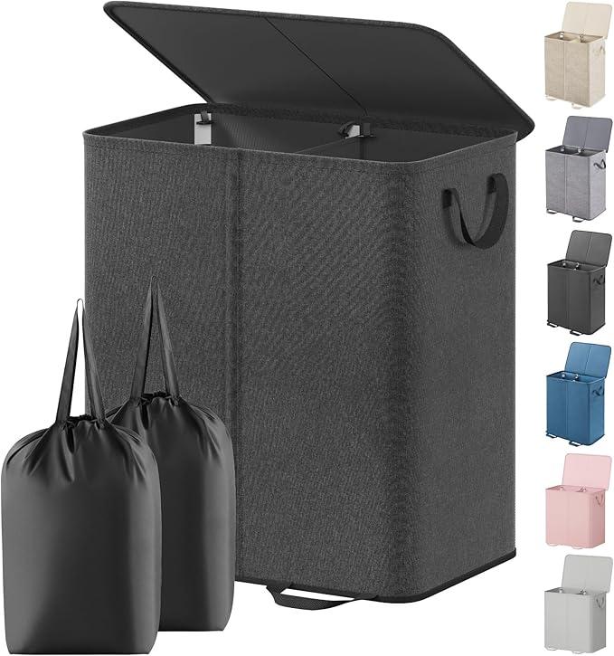 Lifewit Double Laundry Hamper with Lid and Removable Laundry Bags, Large Collapsible 2 Dividers Dirty Clothes Basket with Handles for Bedroom, Laundry Room, Closet, Bathroom, College, 136L Black