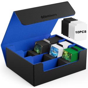 Mlikero Card Deck Case, 1800+ Trading Card Storage Box with 10 Dividers and 3 Foam Stoppers, Leather Magnetic Closure Commander Deck Box Fit for YuGiOh, MTG and Sport Cards (Black&Blue)