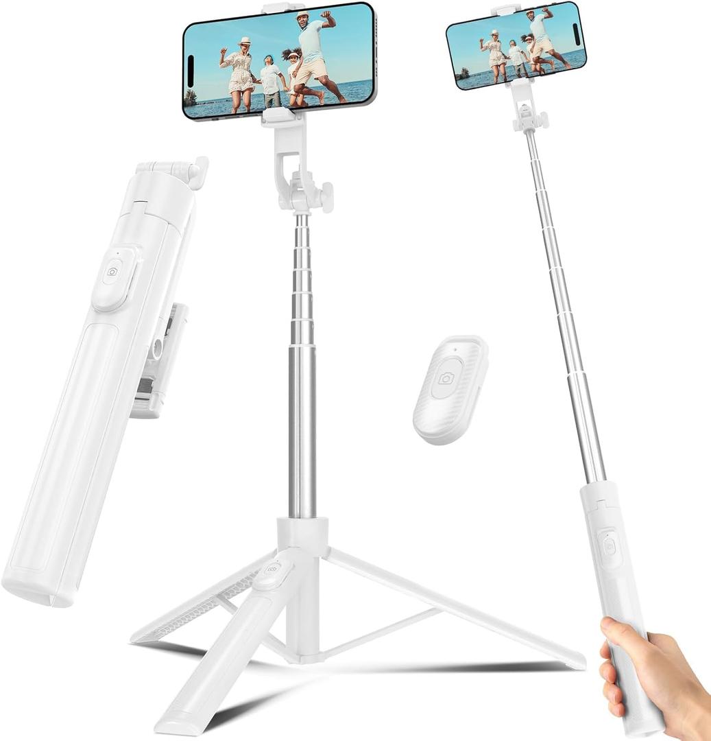 Selfie Stick Travel Tripod for Cell Phone with Remote Control and Phone Holder, Extendable Selfie Stick for iPhone, iPhone Tripod for Video Recording, 63 Inch, White