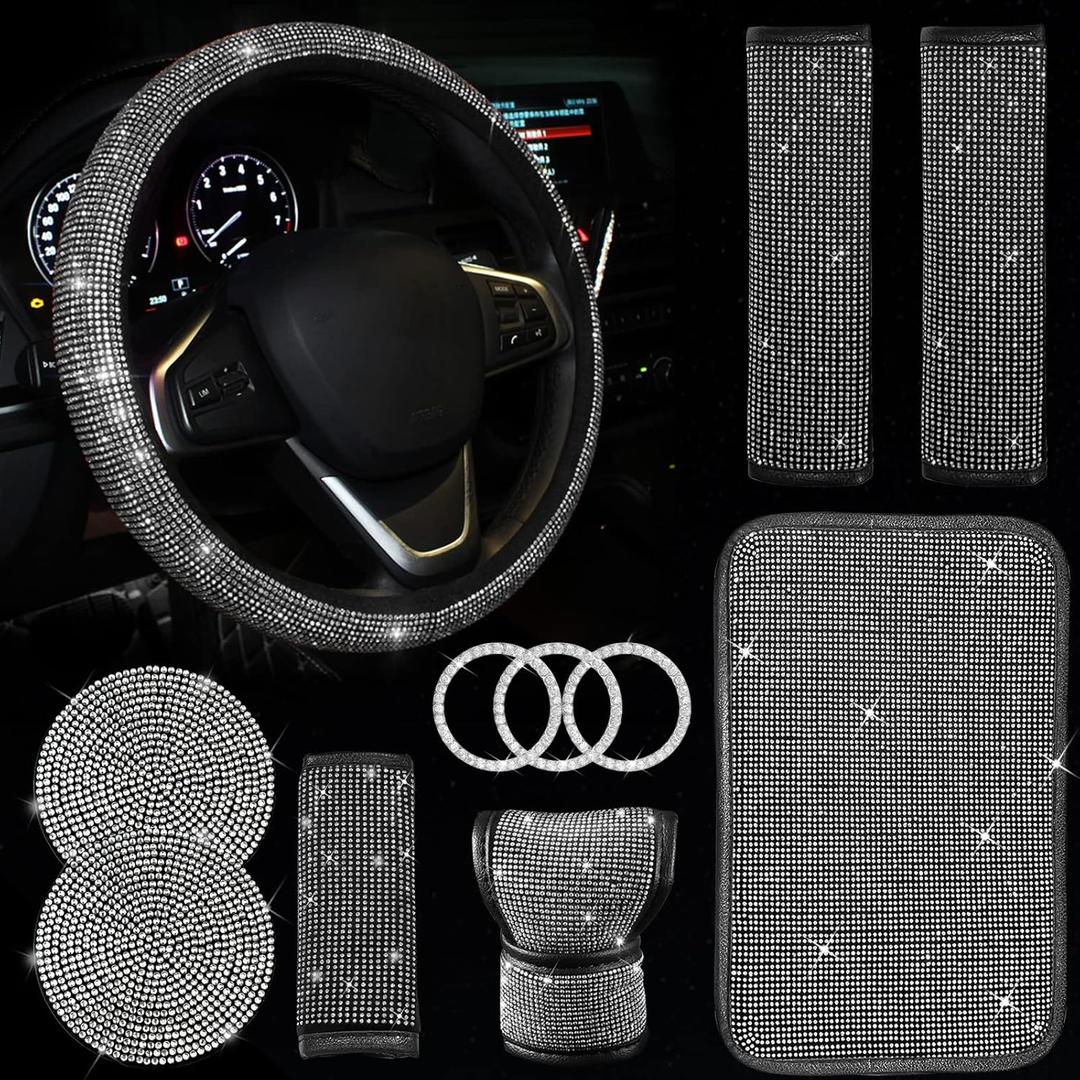 11 Pcs Car Decoration Set,Bling Car Decoration Set for Women,Universal Fit 15 Inch,Rhinestone Center ConsoleCover(White)