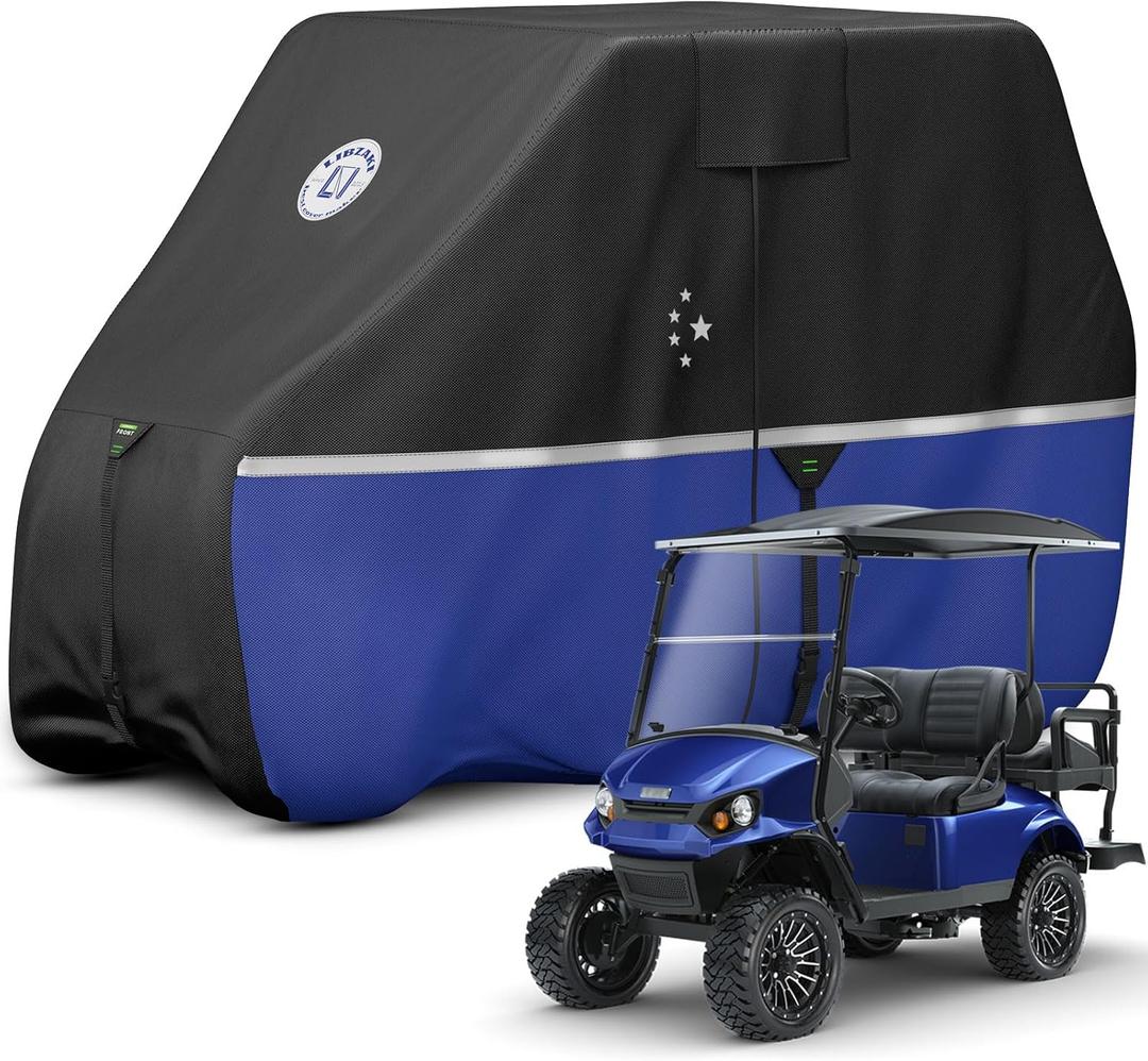 Waterproof Golf Cart Cover, Heavy Duty Marine Grade Fabric, Universal Fits for Most Brand 2/2+2/4+2 Passengers Yamaha, Honda, Club Car, EZGO Golf Cart (420D Black/Blue)