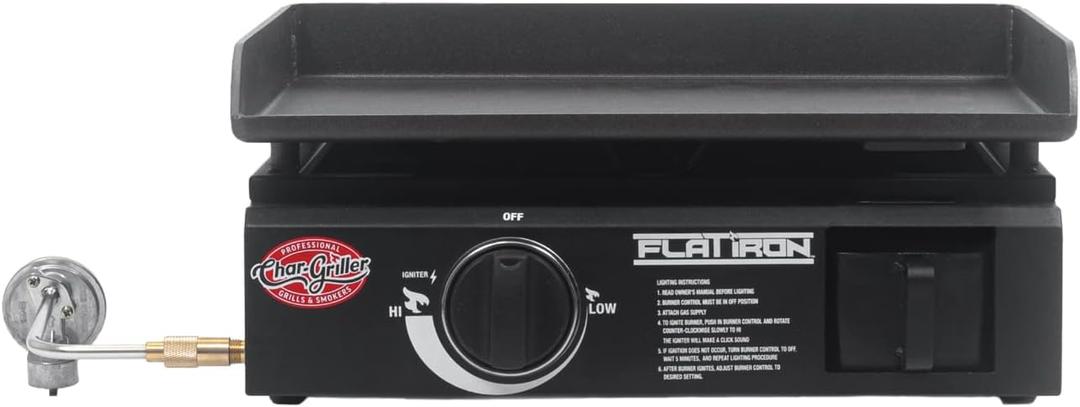 Char-Griller Flat Iron 1-Burner Portable Propane Gas Flat-Top Griddle with Steel Griddle Top, Includes Electronic Ignition, 265 Cooking Square Inches in Black, Model E8217
