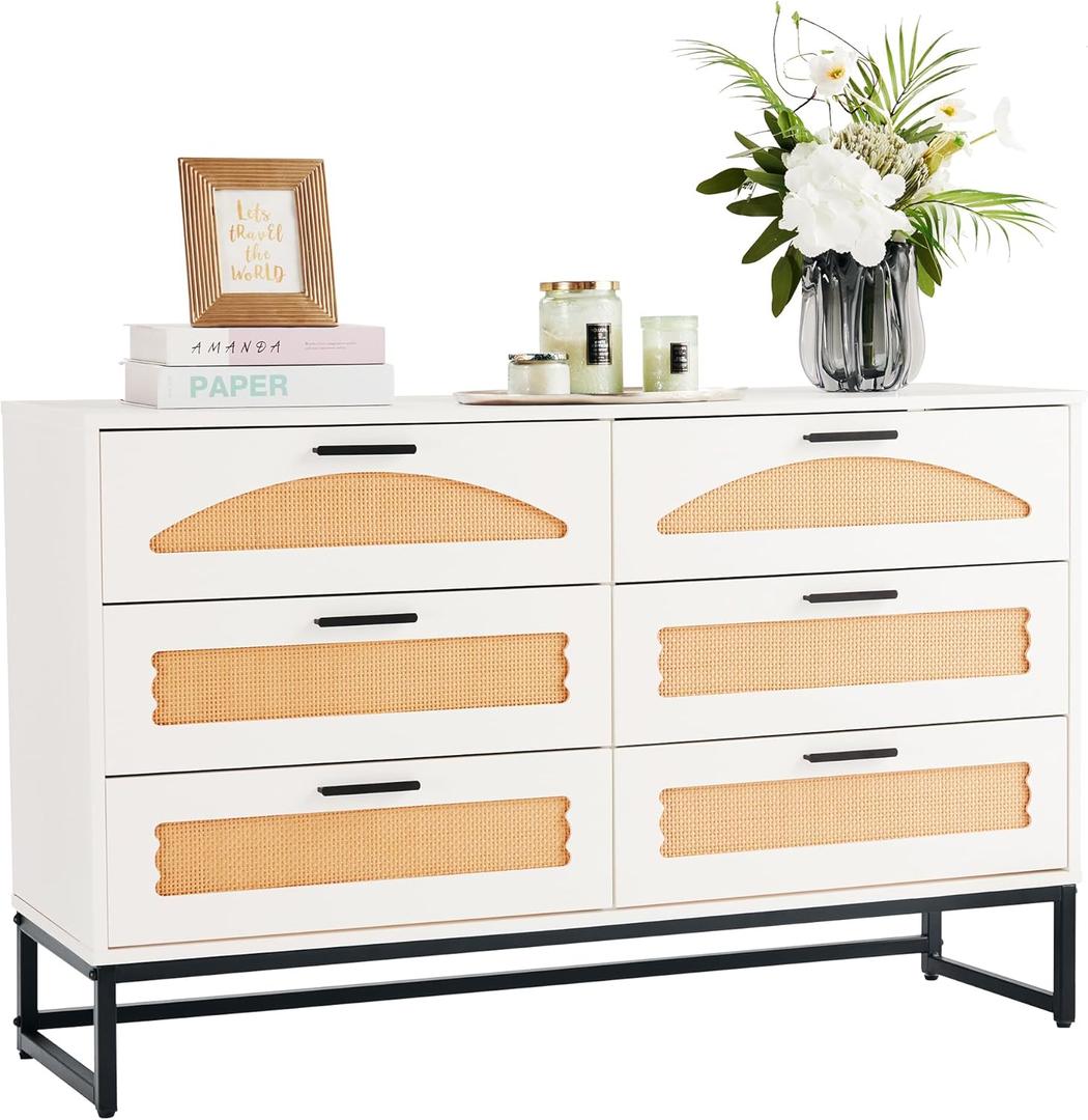 6 Drawer Double Dresser for Bedroom, Rattan Chest of Dressers, Modern Wooden Dresser Chest with Golden Handles for Bedroom,Living Room, Hallway and Entryway (Supporting Frame)